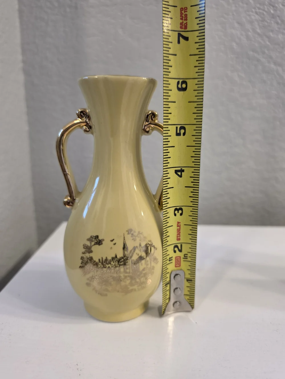Vintage MCM Yellow Decorative Porcelain Vase with Gold Handles